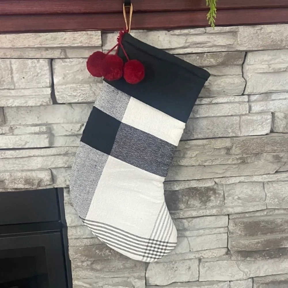 Hearth & Hand Plaid Holiday Christmas Stocking with Linen Blend Pom Poms